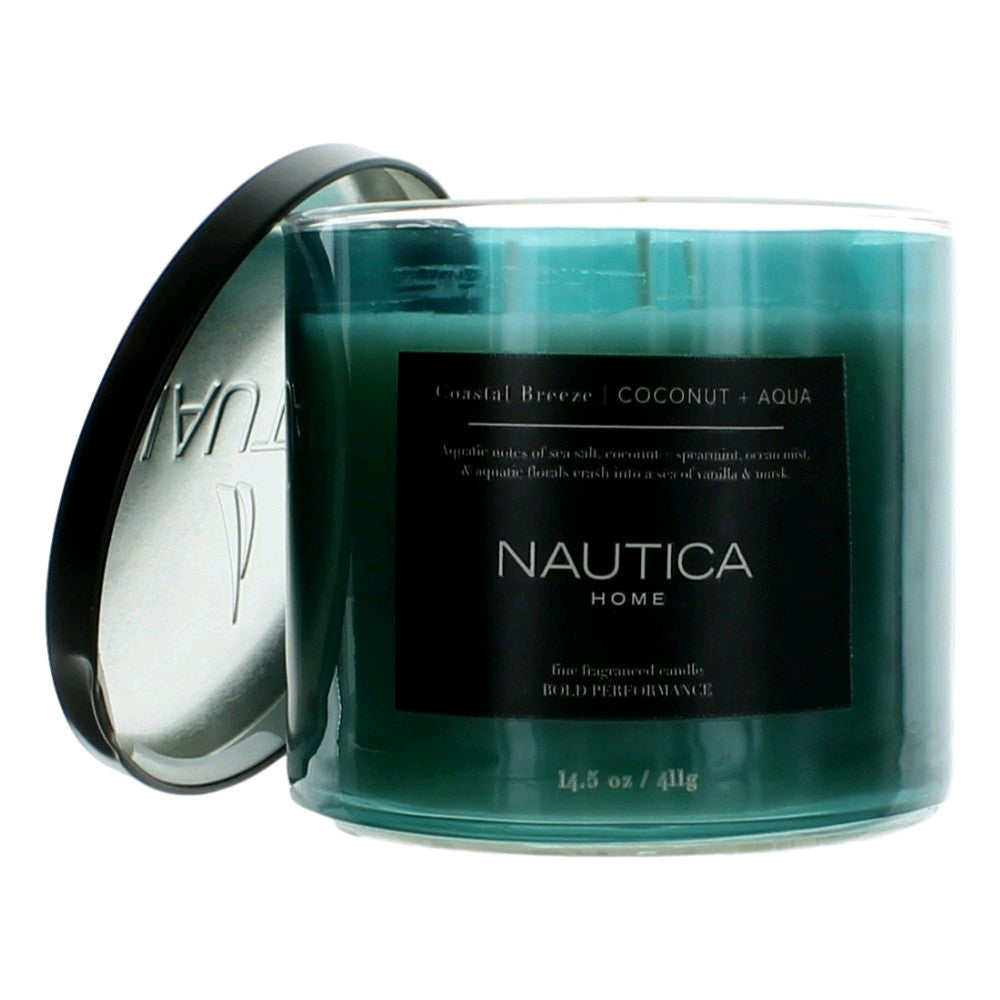 Bottle of Nautica 14.5 oz Soy Wax Blend 3 Wick Candle - Coastal Breeze Coconut & Aqua